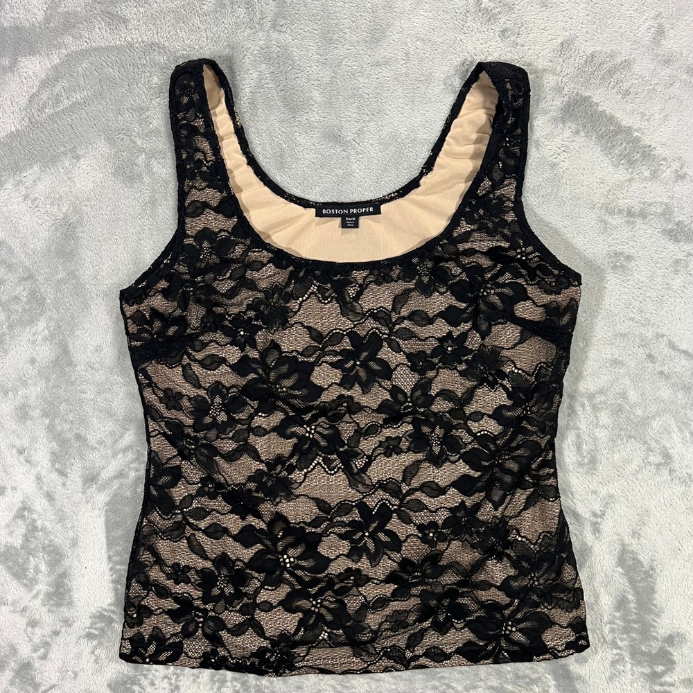 BOSTON PROPER Tank Top Womens Size M Black Nude Floral Lace Scoop Neck